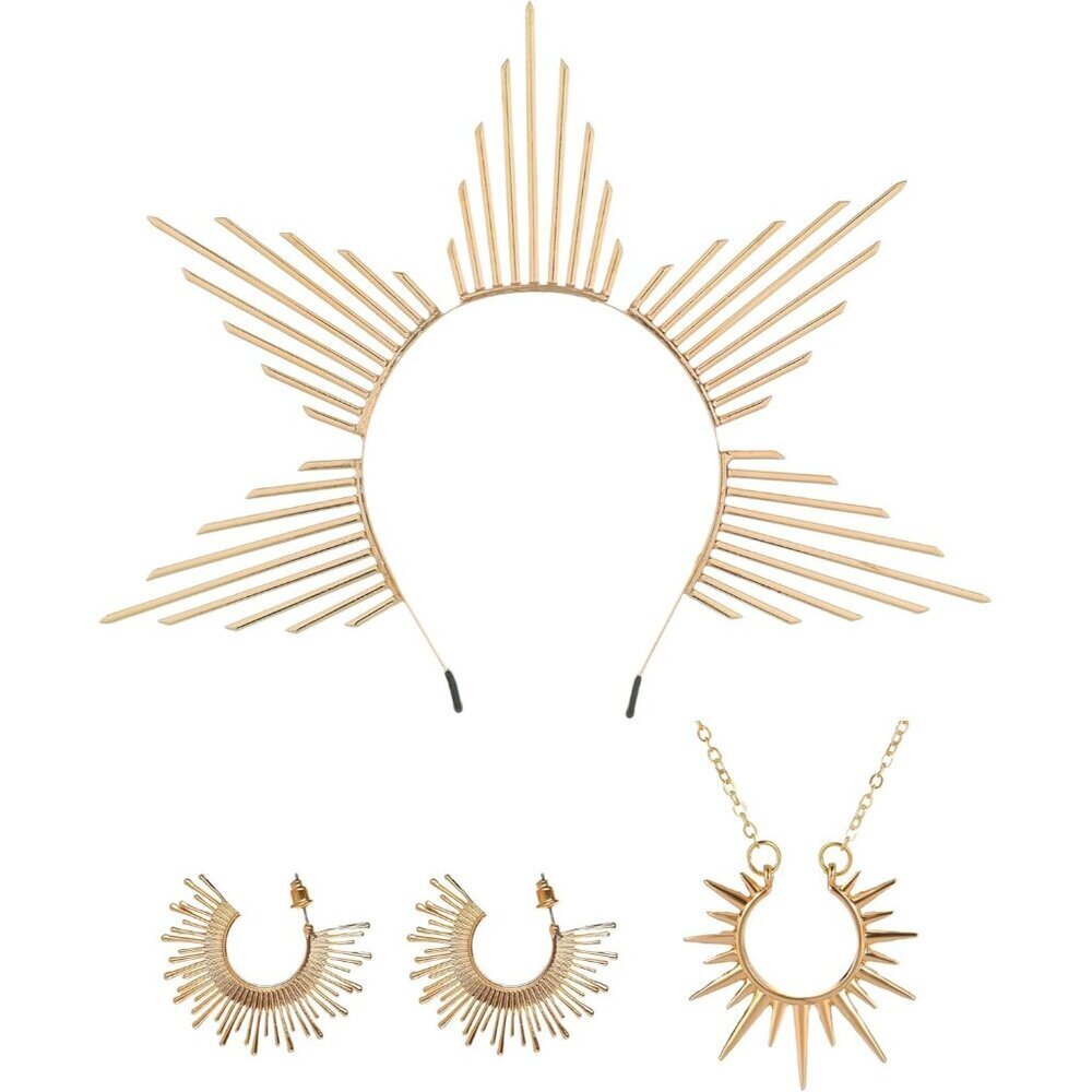 Goddess Costume Accessories Set Gold Sunburst Halo Crown Earrings Necklace Women